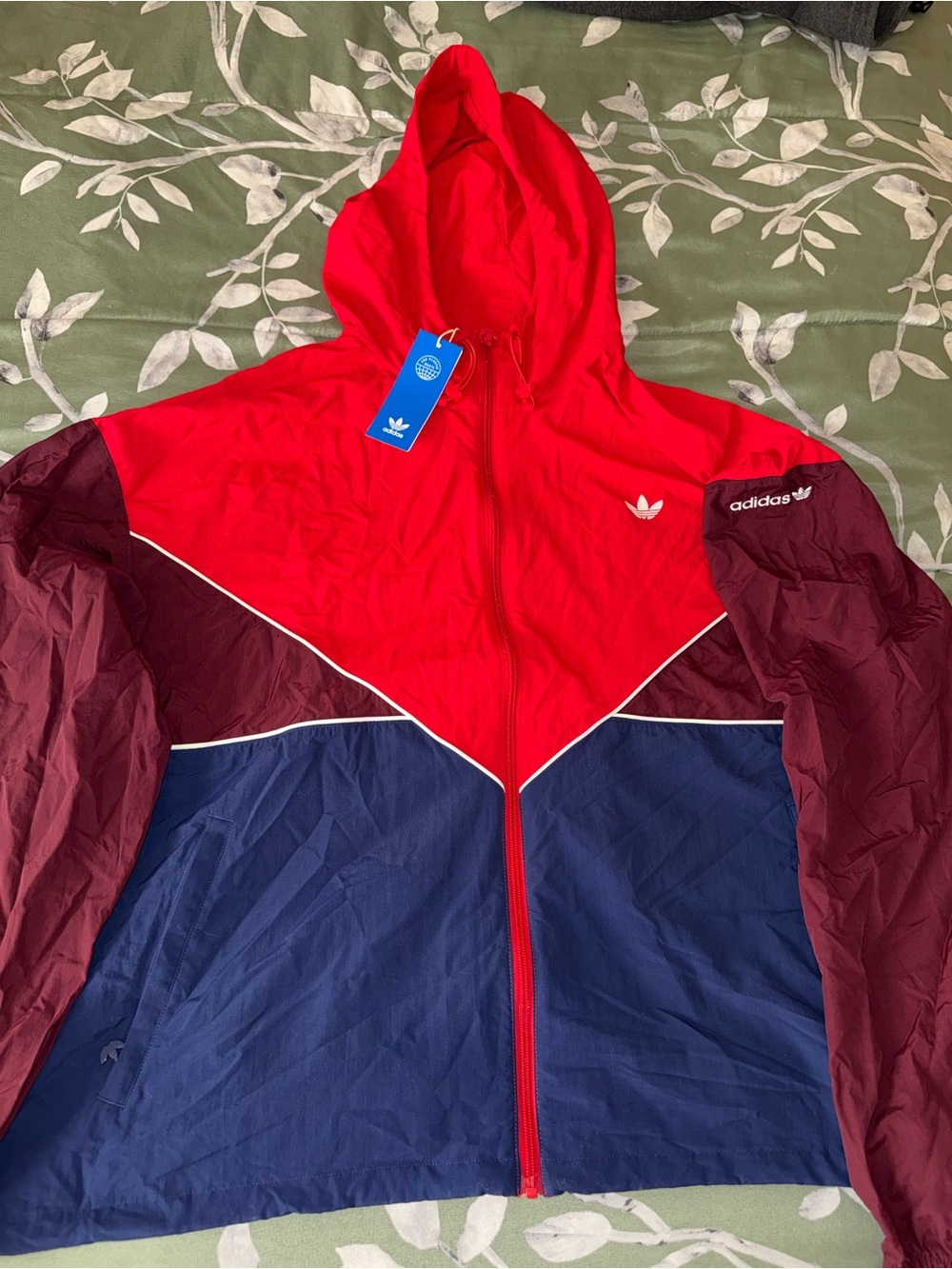 adidas Hooded Colorblock Windbreaker in Red, Navy & Burgundy